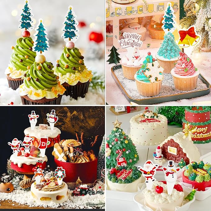 Christmas Cupcake Toppers 24PCS Wrappers Cake Decorations Snowflake Christmas Cake Liner Cake Picks For Birthday Anniversary Wedding Engagement Party Decorations