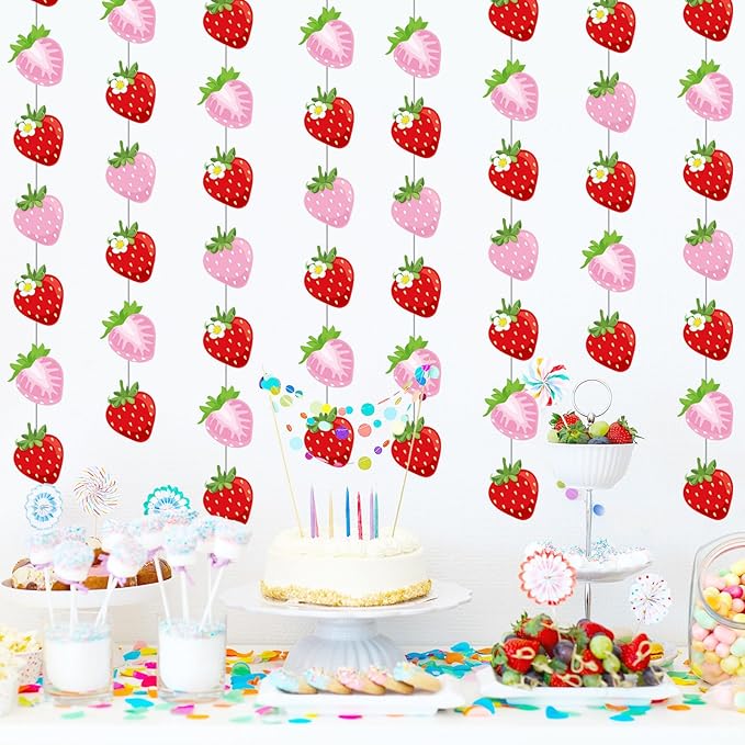 Duraaamo 8 Pack Strawberry Party Banner Decoration Summer Paper Garland Strawberry Paper Hanging Cutout Banners for Baby Shower Party Supplies Decor