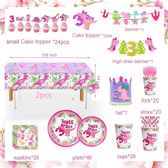 Three Rex Decorations Girl Pink Dinosaur Birthday Party Supplies Trex Dinosaur Tableware Set Crown Balloon Garland Balloon Boxes Glitte Highchair Banner Backdrop TableCloth Cake Topper