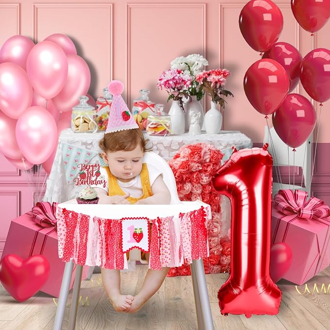Strawberry Highchair Banner for Baby First Birthday Party Decorations Sweet Berry 1st Birthday High Chair Tassel Garland for Girls Baby Shower One Bday Strawberry Fabric Banner Backdrop Decors