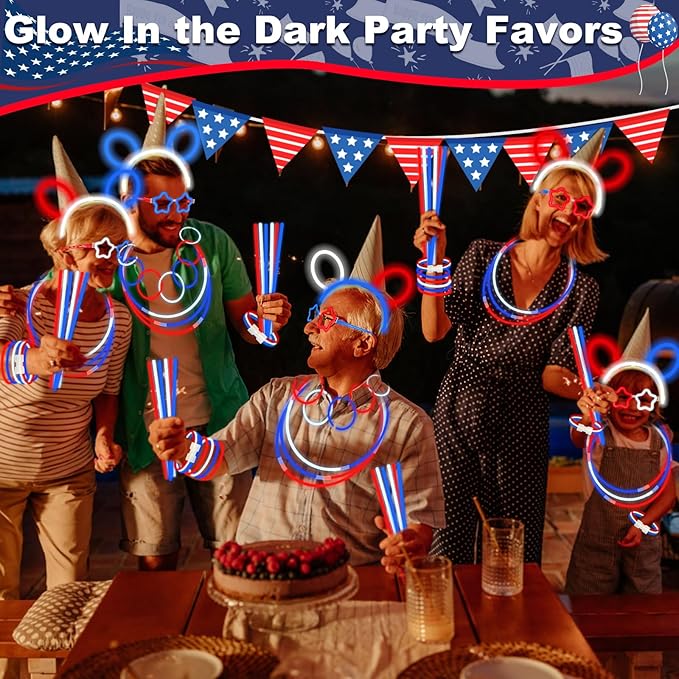 180 Pcs 4th of July Light Up Party Favors,12 Red White Blue Star Glasses 6 Headbands 12 Bracelets 150 Patriotic Glow Sticks Bulk with Connectors Glow in the Dark Party Supplies 250th Anniversary USA