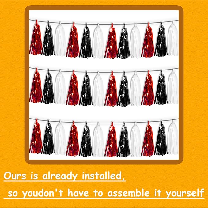 3P Black Red White Foil Fringe Tassel Banner Metallic Tinsel Streamer Garland Wall Curtain Backdrop for Parade Floats, Graduation, Halloween, Christmas, Father's Day Party Decorations