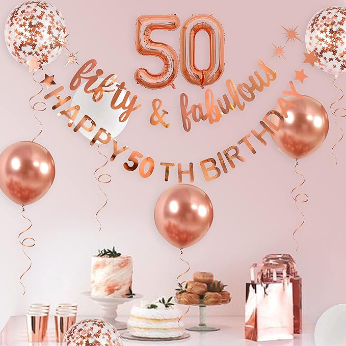 Rose Gold Fifty & Fabulous Happy 50th Birthday Banner Garland Foil Balloon 50 for Womens 50th Birthday Decorations Hanging 50 and Fabulous Cheers to 50 Years Old Birthday Party Supplies Backdrop