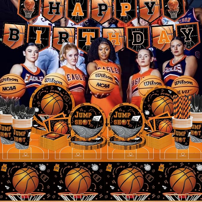 MEHOFOND 194pcs Basketball Party Plates and Napkins Set Birthday Party Decorations Sports Party Supplies Basketball Tableware with Tablecloth Banner for Boy Birthday Party Decor