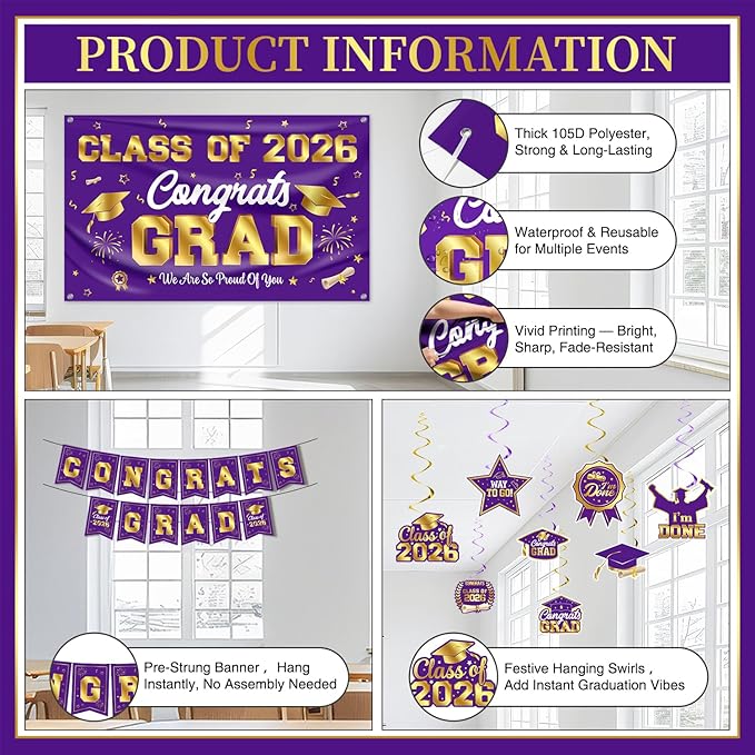 Graduation Decorations Class of 2026 Purple and Gold Graduation Party Decor Set include Congrats Grad Banner Backdrop Class of 2026 Balloons Party Supplies