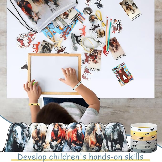 114 Pcs Horse Themed Party Favor Supplies with Drawstring Bag Mini Figurines Keychain Silicone Bracelets Badges Puzzle Stickers Notepads Soft Pencils for Horses Birthday Party Decoration