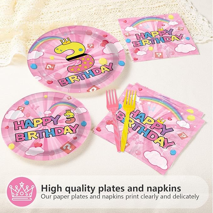 96Pcs Pink and Yellow 3rd Birthday Decorations Princess Pink and Yellow Party Plates and Napkins Disposable Tableware for 3 years Old Girls Princess Birthday Party Decorations Serve 24
