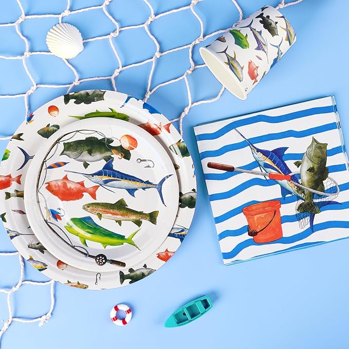 WERNNSAI 64PCS Fish Party Decorations - Gone Fishing Party Decorations Fishing Plates Napkins Cups Set for Boys Litter Fisherman Birthday Baby Shower Decorations