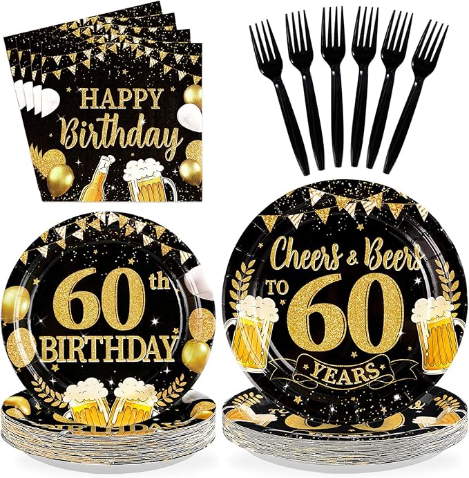 96Pcs 60th Birthday Party Supplies Black Gold Plates and Napkins Tableware Sets Cheers and Beers to 60 Years Decorations Favors for Men Women 60 Years Old Birthday Dinner Holiday Party Serves 24