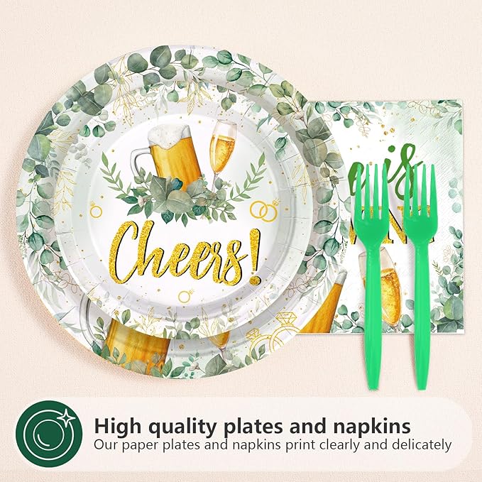 96Pcs Bubbles and Brews Bridal Shower Party Decorations Sage Green Gold Cheers Bubbles and Brews Before I Dos Plates and Napkins Sets for Bachelorette Engagement Wedding Party Supplies Serves 24