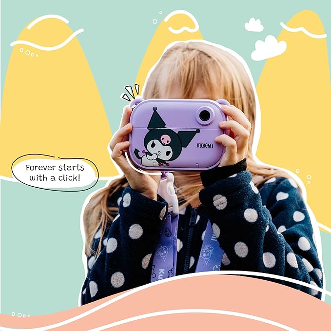 kiimento Sanrio Licensed Instant Print Digital Camera, Best Travel Buddy Kuromi, 2.4” HD Screen, Ink-Free B&W Printing, Selfie Lens, 1080p Video, 32GB Memory Card (Model P)