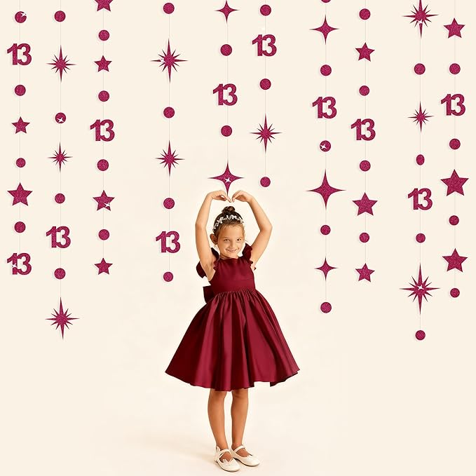 Burgundy 13th Birthday Decorations Number 13 Circle Dot Star Garland Glitter Streamer Banner Backdrop for Girls Boys Official Teenager Cheers to 13 Years Old Birthday 13th Anniversary Party Supplies