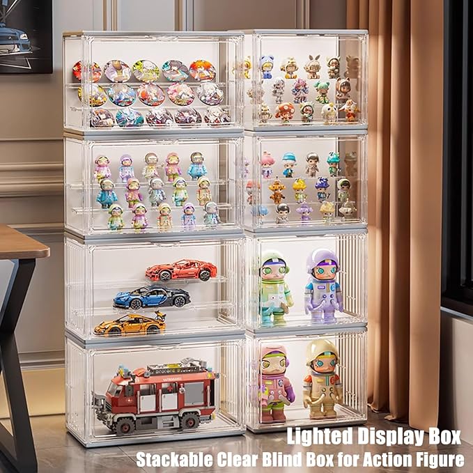 Acrylic Display Case for Collectibles with LED Light, 3-Tier Adjustable Figure Showcase, Stackable Magnetic Door for Lego Toys & Action Figures