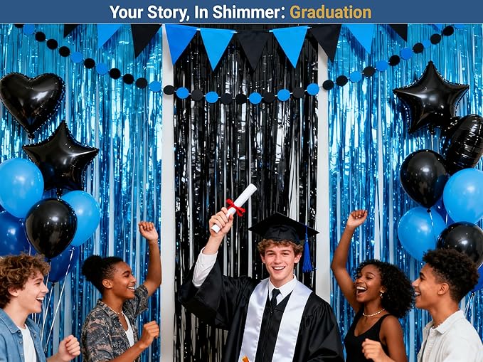 3packs Navy Blue Black Foil Fringe Curtains, Blue Birthday Party Decorations Backdrop for Women, Graduation Tinsel,Retirement Tinsels for Man Him,Wedding Streamers-Each 3.3 x 6.5ft