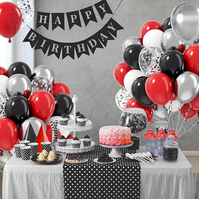Red and Black Balloons, 60pcs 12inch Red Black White Silver Confetti Balloons for Graduation Birthday Party Decorations