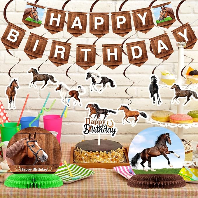 Tinlade 29 Pieces Horse Party Decorations Horse Birthday Banners Cowboy Hanging Swirls Hanging Cards Cupcake Toppers Honeycomb Centerpiece for Birthday Party Supplies(Classic)