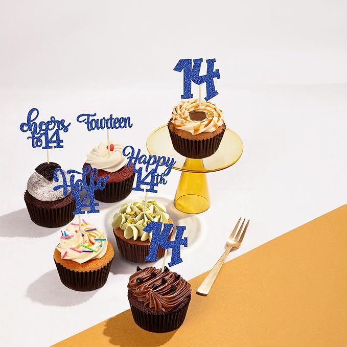 30Pcs 14th Birthday Cupcake Toppers Hello 14 Cupcake Picks Fourteen Cheers to 14 Years Old Cake Decorations for 14th Birthday Anniversary Party Supplies Deep Blue Glitter
