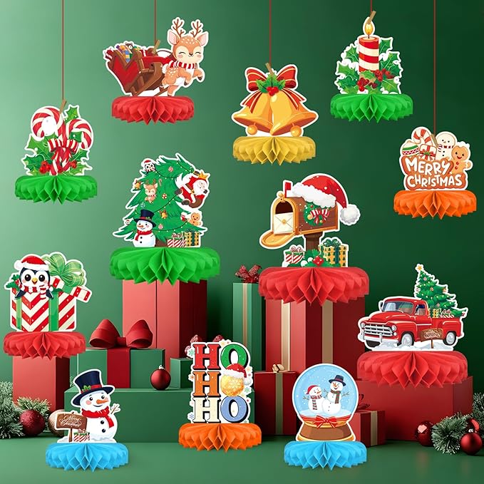 Christmas Party Decorations: Festive Christmas Honeycomb Centerpieces, Santa & Snowman Table Toppers - for Classroom, Winter Birthdays & Holiday Party Supplies