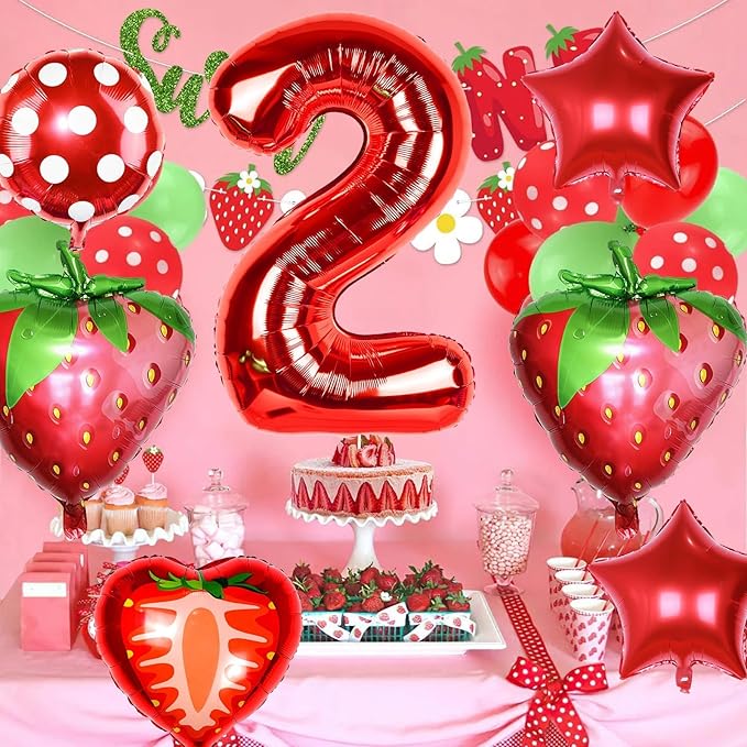 Berry 2nd Birthday Party Supplies,Berry 2nd Birthday Balloon for Strawberry 2nd Birthday Decorations Strawberry Foil Balloons Birthday Party Decorations for Girls