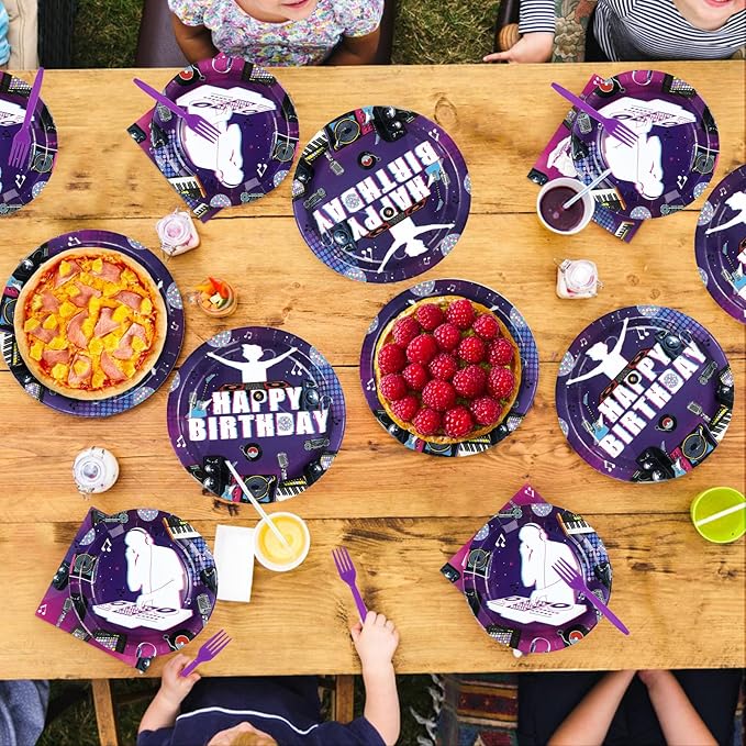 96 Pcs DJ Birthday Party Decorations Music Themed Party Paper Plates and Napkins Rock DJ Short Video Tableware Set for Boys Girls Adults Birthday Supplies Serves 24