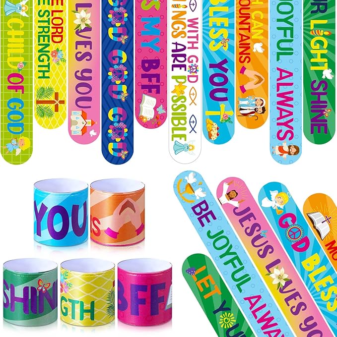 Frienda 80 Pcs Bible Verses Religious Christian Slap Bracelets for Kids Vbs Jesus Love You Wristbands Inspirational Nativity Slap Bracelet Sunday School Supplies He Is Risen