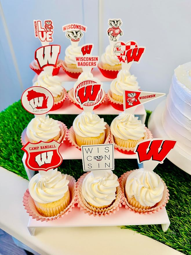 Wisconsin Cupcake Topper Party Supplies for UW Football, Birthday, Graduation Party Decorations (24 Pieces) (Wisconsin Badgers)