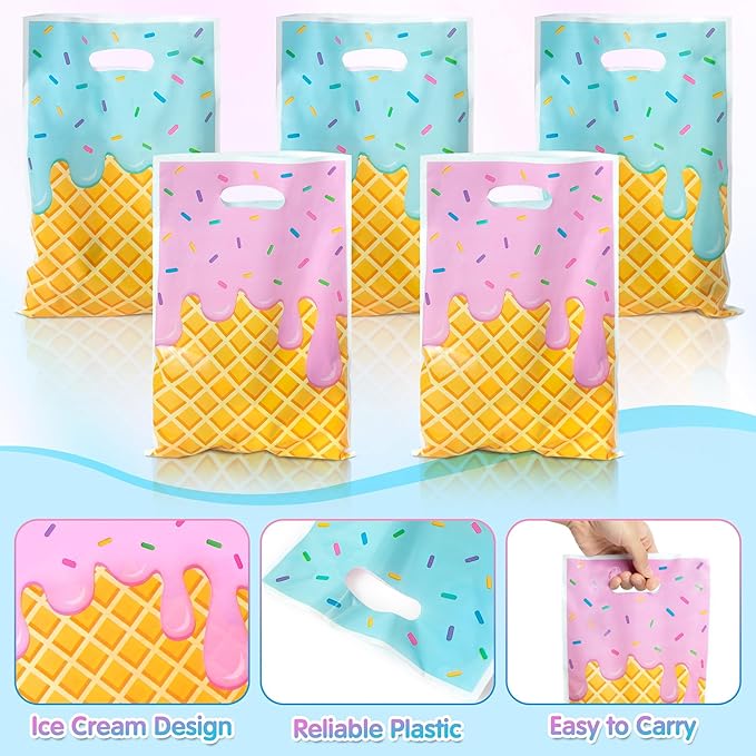 Ice Cream Party Favor Bags - 50Pcs Plastic Sweet Candy Goodie Treat Gift Bag with Handles Cute Summer Ice Cream Theme Birthday Party Supplies Baby Shower Wedding Decor