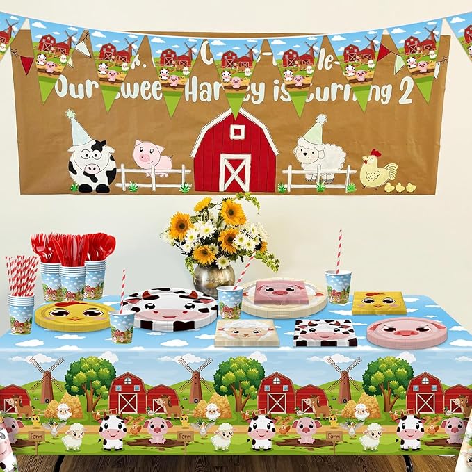 Farm Birthday Party Supplies, Including Farm Napkins Farm Animal Plates Tablecloth Banner and Dinnerware for Farm Theme Birthday Decorations, Serves 20