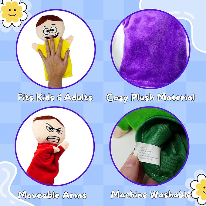 4E's Novelty Feeling Hand Puppets for Kids with 6 Emotions, with Moveable Arms, Soft Plush Hand Puppets for Toddlers, Early Education Toys, Social Emotional Learning Activities - Pack of 6