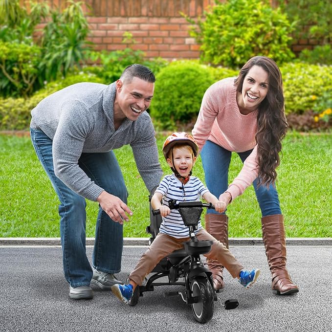 Folding Kids Tricycle, 8 in 1 Toddler Trike W/Removable & Adjustable Canopy, Parent Handle, 5-Piont Harness, Toddler Bike Tricycle for Kids 1-6 Years, EVA Wheels, Storage Basket, Black