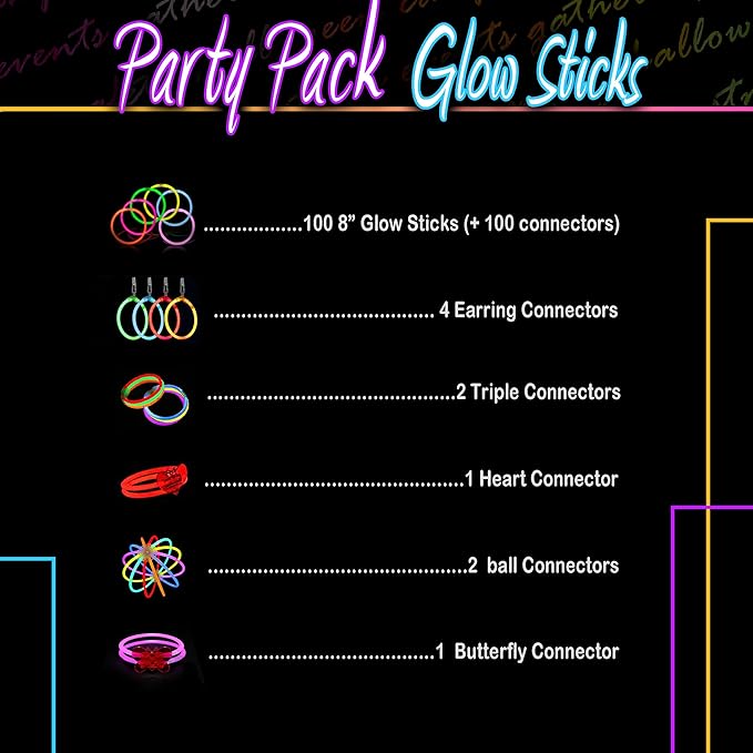 210 PCS Colorful Glow Sticks Party Pack - 100 8' Glow Sticks, 100 Connectors, Fun Accessories - Party Supplies - Glow The Dark Glowing Sticks Fun Party Pack with 8" Glowsticks, Connectors For Weddings