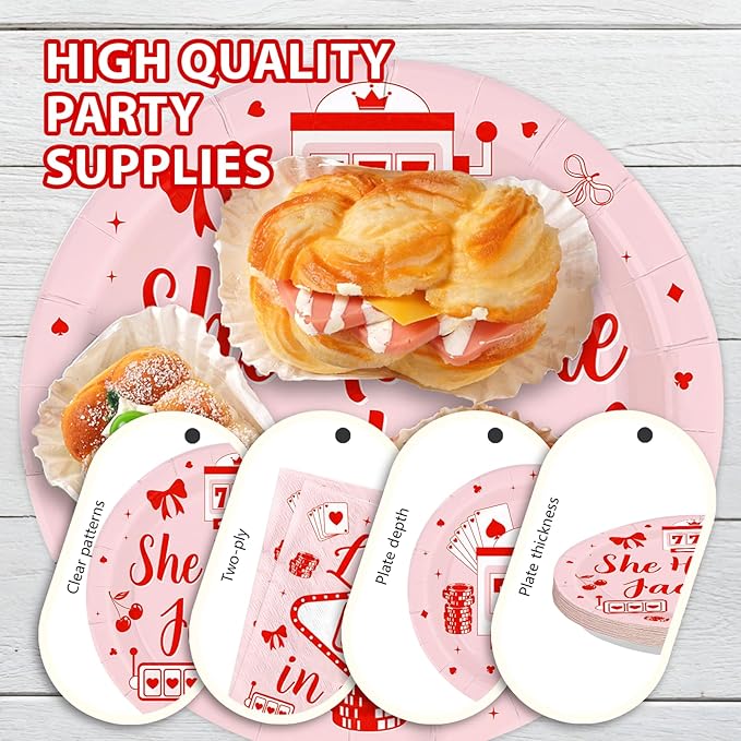 96Pcs Casino Themed Bachelorette Party Supplies She Hit The Jackpot Plates and Napkins Vegas Bachelorette Tableware Set for Girls Wedding Lucky in Love Engagement Party Decorations Serves 24