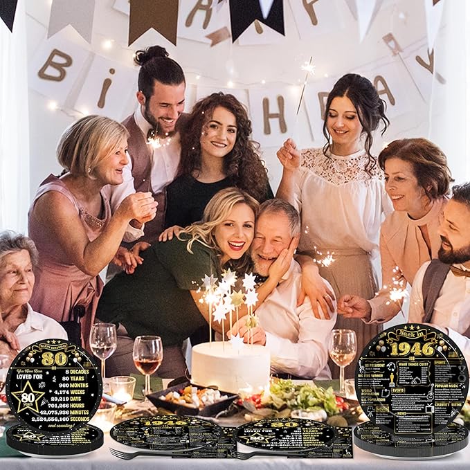 96Pcs 80th Birthday Plates and Napkins Back in 1946 Party Decorations Black Gold 80 Year Old Party Dessert Plates 1946 Birthday Tableware for 24 Guests 80th Theme Men Woman Bday Parties Supplies
