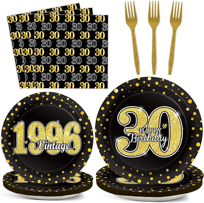 96PCS 30th Theme Birthday Party Tableware Vintage 1996 Party Supplies 30 Year Old Birthday Decorations Plates Napkins Forks Black and Gold Dinnerware Favors for Men or Women