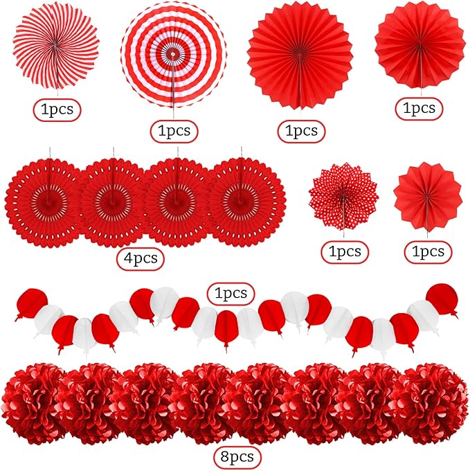 Red Party Decorations, Papar Fans Pompoms Fans Garlands for Birthday Bridal Baby Shower Wedding Graduation New Years Valentine's Day Party Decorations