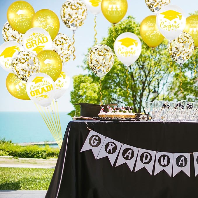 Whaline 60Pcs Graduation Party Balloon Set 7 Designs Confetti Latex Balloon with 2 Rolls Ribbon Class of 2025 Grad Cap Congrats Grad Balloon for Graduation Party Decoration Supplies (Yellow, White)
