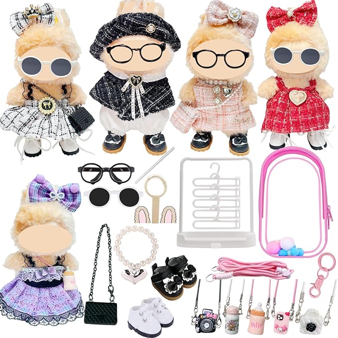 5-Set Elegant Clothes Bundle for Doll, Includes 5 Mini Hangs, Large Clear Display Bag with Strap Keychain, 5 Hangers and Rack, Bag, Glasses, Necklace, Shoes Accessories for Dressing up(No Doll)