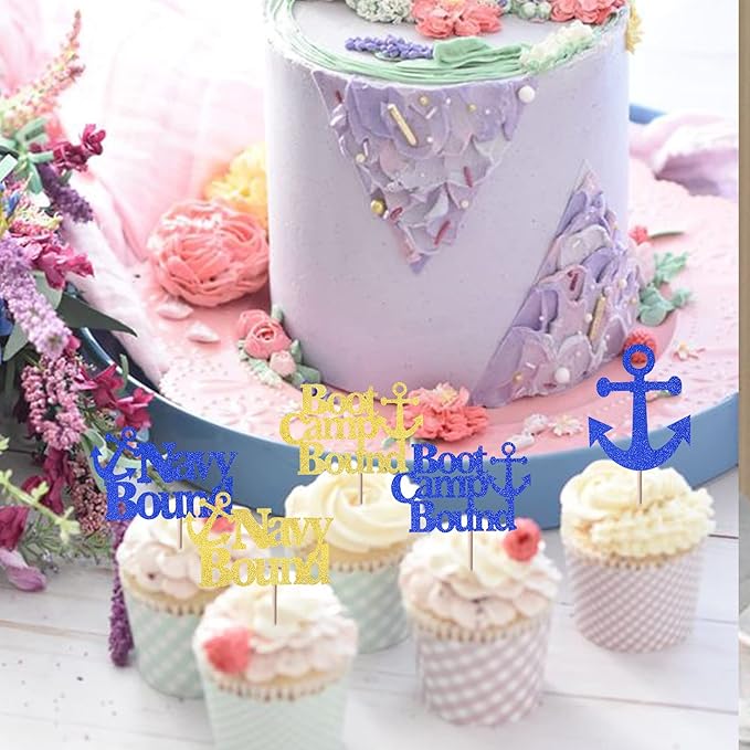 24 Pack Military Themed Cupcake Toppers Boot Camp Bound Cupcake Picks Navy Bound Themed Cupcake Decorations Welcome Ceremony Army Birthday Party Cake Decorations Supplies Blue