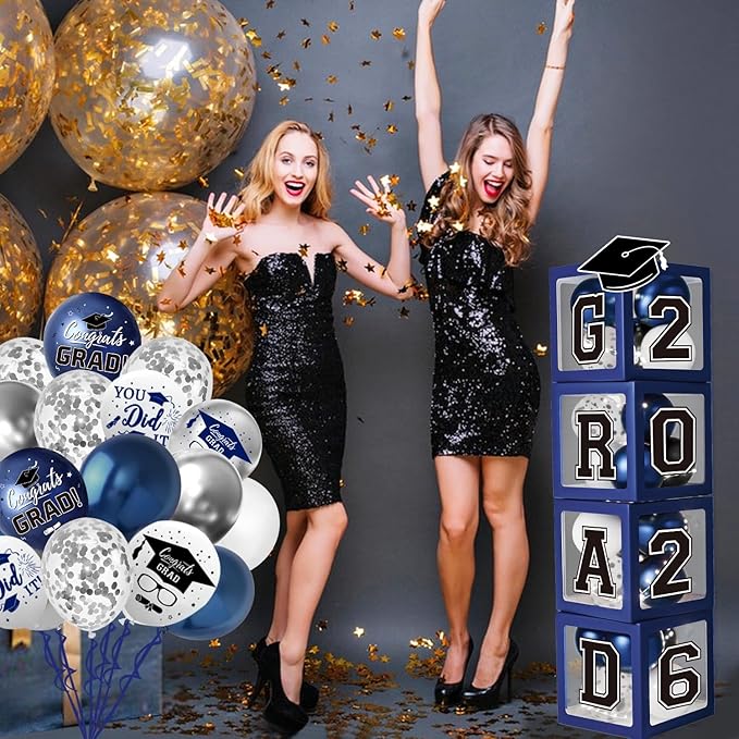 Navy Blue Graduation Decorations Class of 2026 - Balloons Boxes with Letters 2026 GRAD So Proud of You - Complete Party Supplies for High School & College Celebrations
