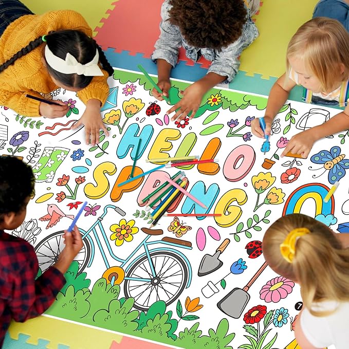 Gatherfun Hello Spring Giant Coloring Poster for Classroom - 31.5x72 Versatile Spring Activity Poster/Table Cover for School Parties,Birthday & Special Events Decoration