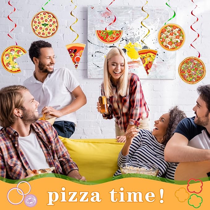 Teling 48 Pcs Pizza Party Decorations Hanging Swirls, Turtle Pizza Theme Birthday Supplies for Adult, Italian Food Party Ceiling Streamers for Classroom & Family Gathering