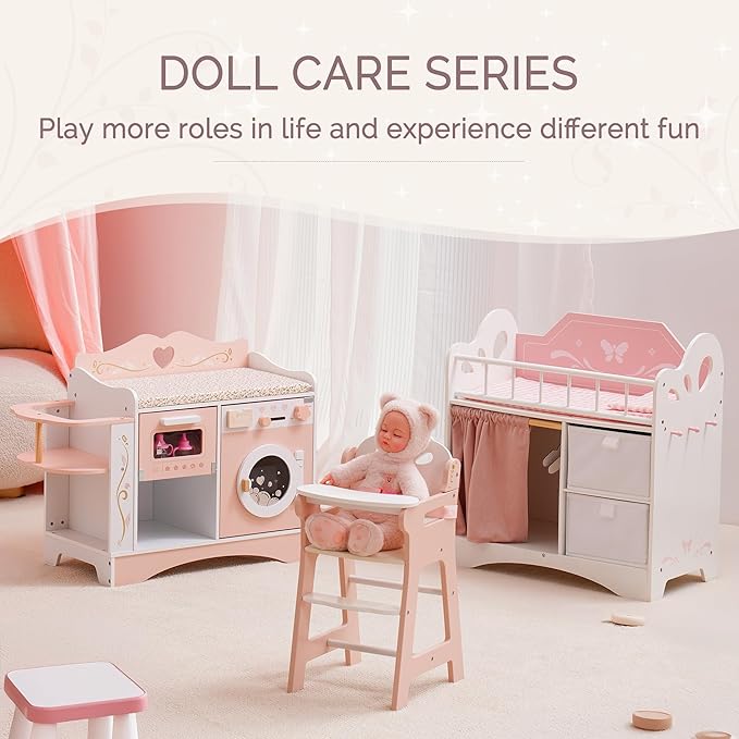 ROBOTIME Wooden 6-in-1 Baby Doll Changing Table with Baby Doll Crib, Washing Machine, Bottle Sterilizer, Storage Area, and Doll Seat, Ideal Role-Playing Toy for Kids 3+, Fits Dolls Up to 20 in, Pink