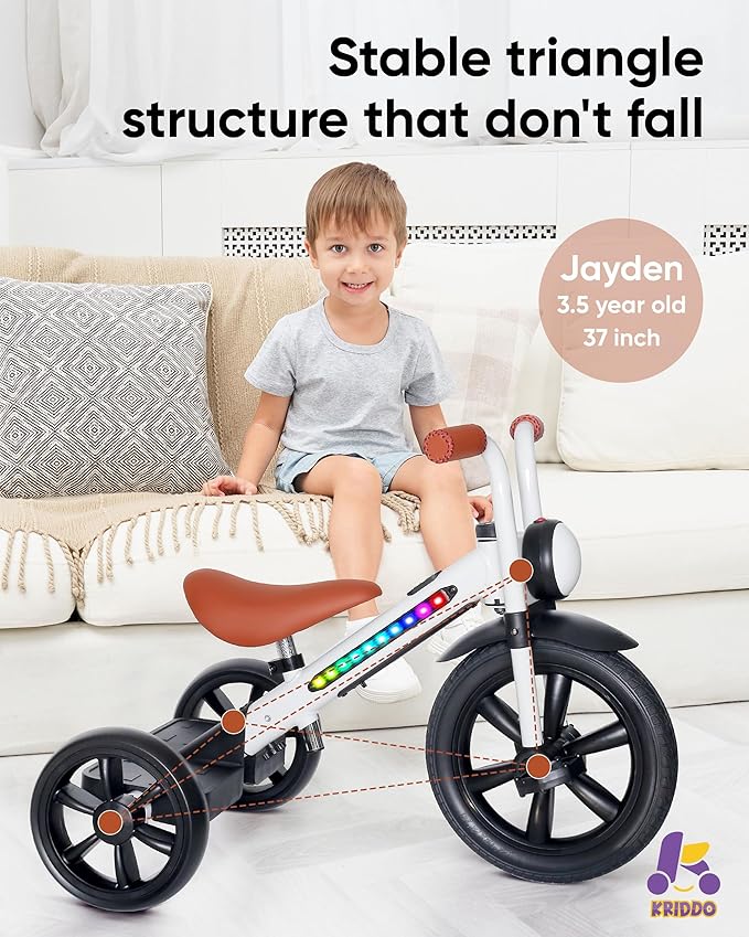KRIDDO Kids Tricycle, 12 Inch Puncture Free Wheel w Front Light, Adjustable Seat Height, Gift for 2-5 Year Olds, WhiteLED