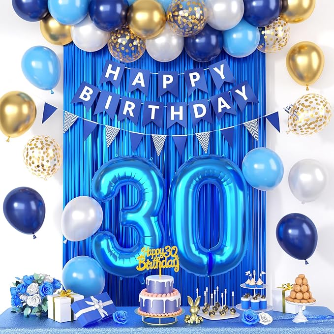 30th Birthday Decorations, Dark Happy Birthday Party Decorations With Number 30 Balloons Metallic Gold Pearl White Light Blue Fringe Curtain Banner Cake Topper For Man Woman Party Supplies