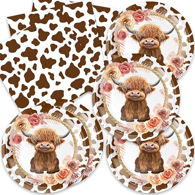 40Pcs Highland Cow Birthday Decorations Brown Cow Print Party Supplies Floral Highland Cow Theme Birthday Disposable Desserts Plates and Napkins for 20 Guest