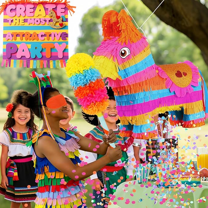 Cinco De Mayo Donkey Pinata with 24" Stick and Rope | Large Rainbow Piñata Decorations for Birthday Party, Taco Tuesday, Mexican Theme Fiesta (16 X 13.5 X 5.7 In)