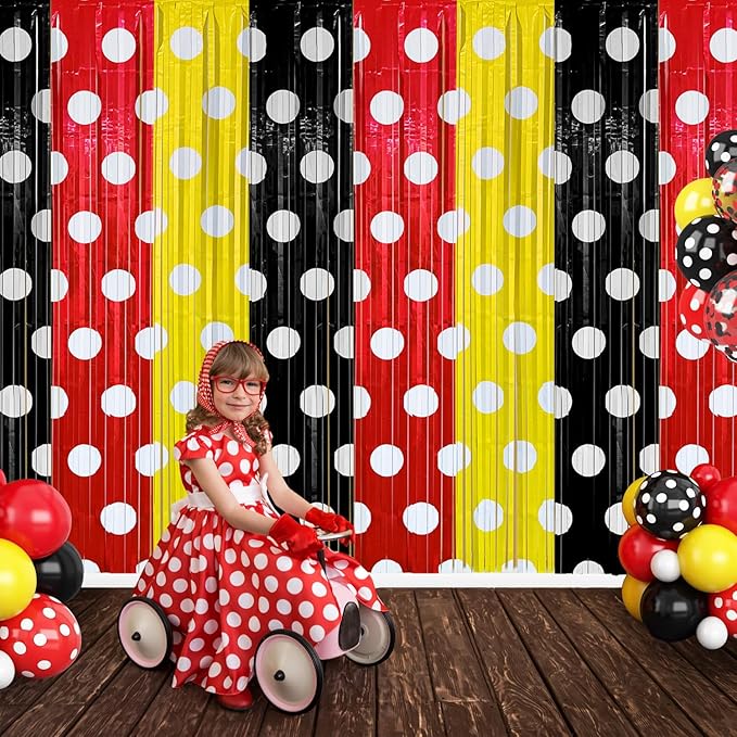 Red Black Yellow Foil Fringe Curtains Birthday Decorations, 2 Pack 3.2x6.6ft Mouse Color Tinsel Streamers Backdrop Baby Shower Cartoon Mouse Birthday Party Decorations Supplies