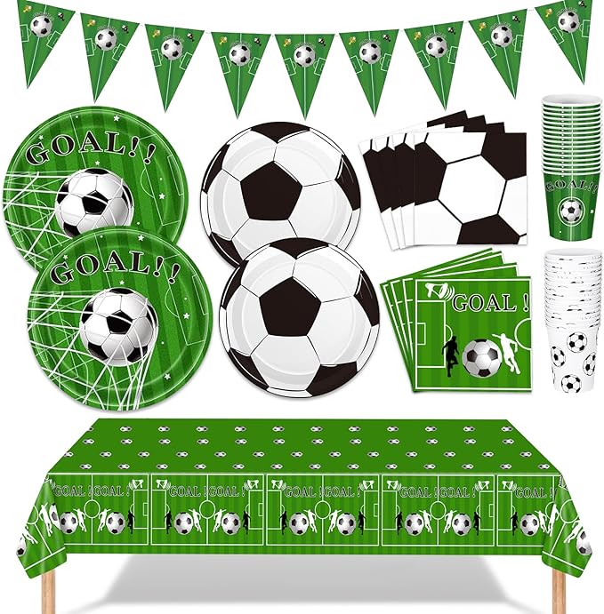 Soccer Party Decorations 98Pcs Soccer Birthday Party Decorations Suppiles Set Include Dinner Plates, Dessert Plates, Napkins, Cups, Banner and Tablecloth Soccer Theme Party Favors Kit