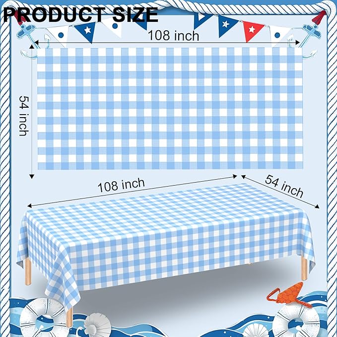 WNINK 2 Pack Light Blue Gingham Rectangular Plastic Tablecloths, Blue and White Checkered Disposable Table Covers 54" x 108" for Birthday, Wedding, Bridal Shower, Outdoor Picnic Camping Parties