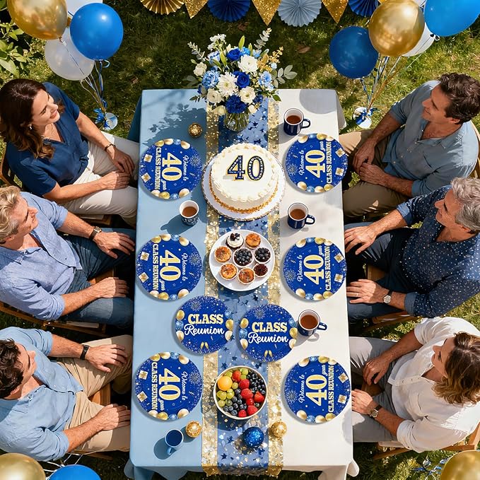 96Pcs 40th Class Reunion Decorations Happy 40th Anniversary Plates and Napkins Blue Gold Welcome Back Tableware Set for Class Reunion Welcome Back 40 Years Classmate Party Supplies Serves 24